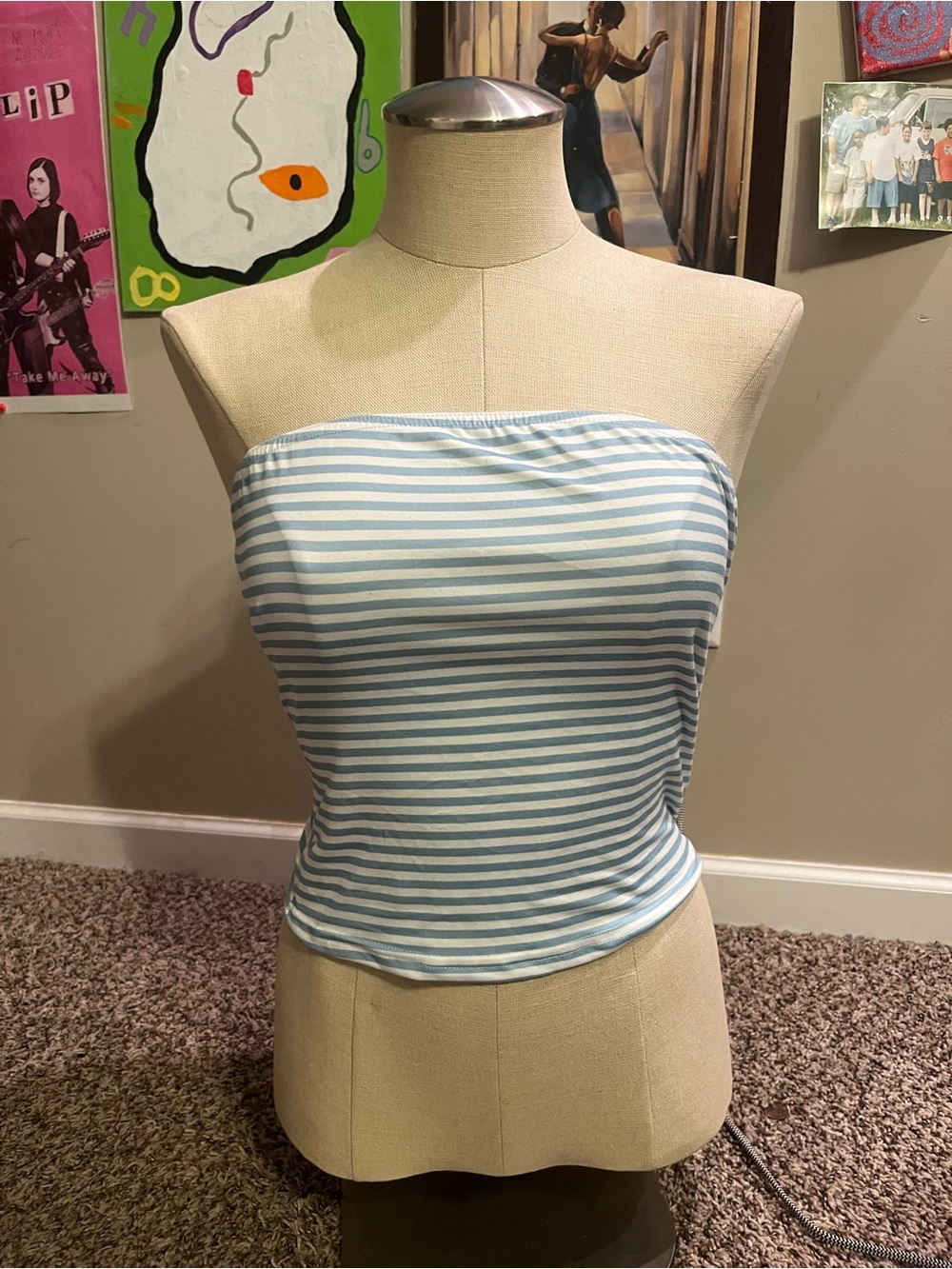 SHEIN Light Blue & White Striped Strapless Tube Camisole
